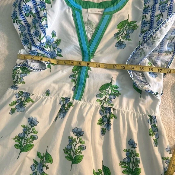 entro White Midi Dress with Blue Floral Print and Green Trim - Picture 12 of 16